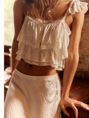 Free People How Sweet It Is Cami Ivory Ruffle Lace Top NWT Medium